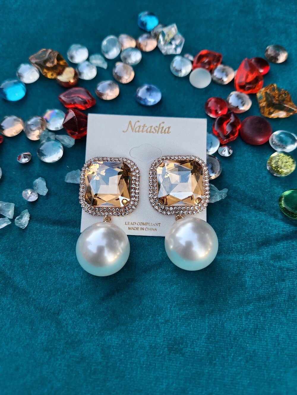 Natasha Couture Gold Crystal & Pearl Drop Earrings - Champagne NWOT